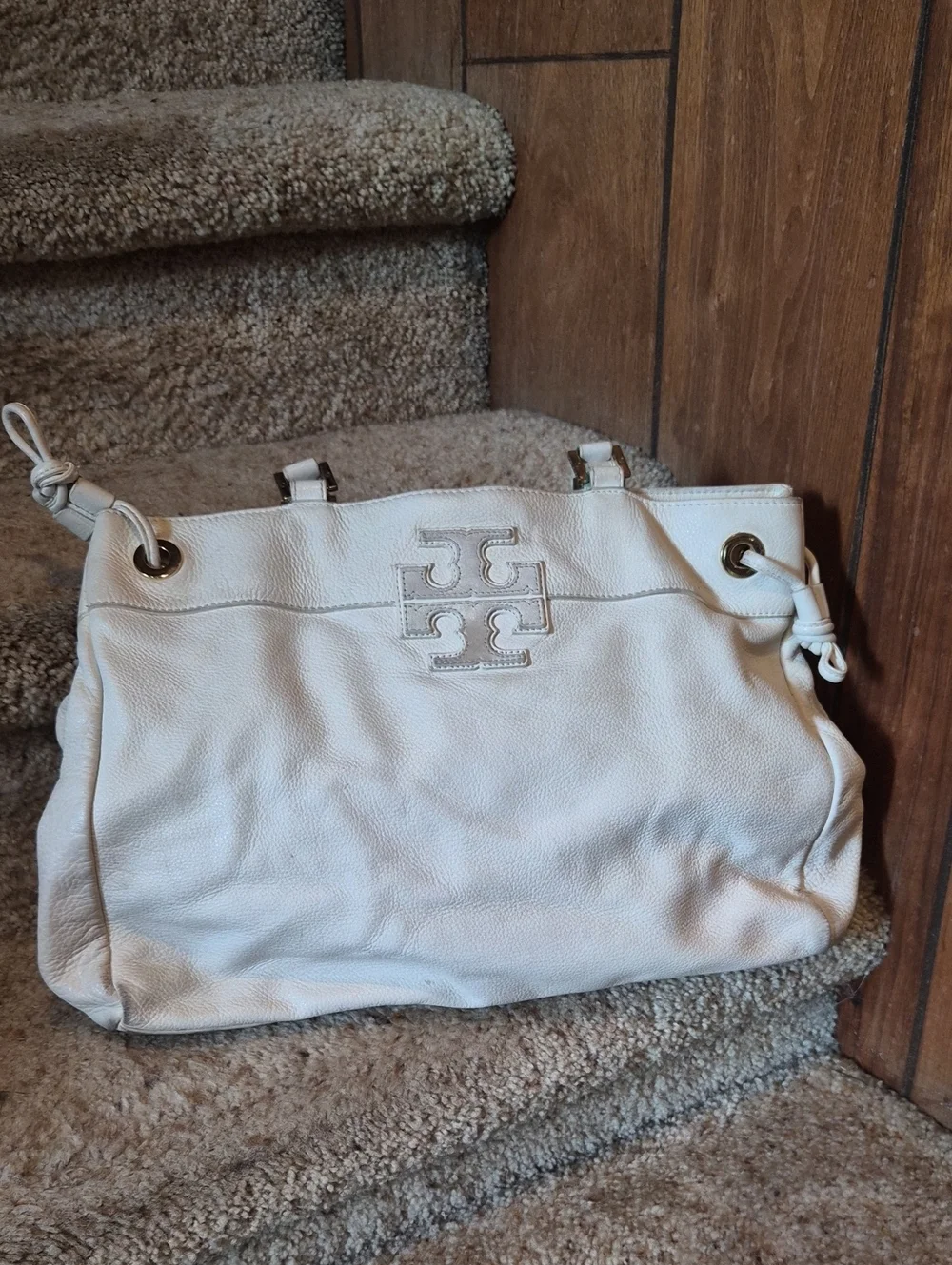 Tory Burch Cream Pebbled Leather Shoulder Bag